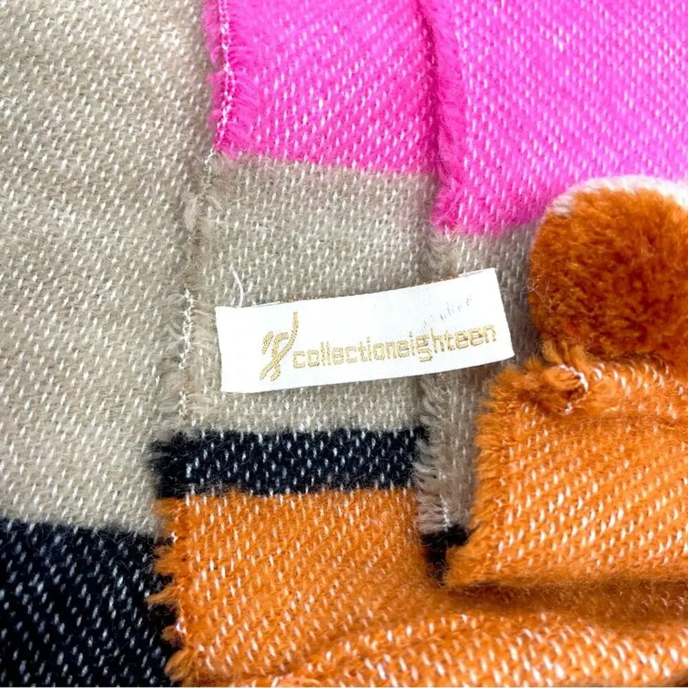 Nordstrom Women's Soft Plush Blanket Scarf Pompoms Pink Orange Black Tan Stripe